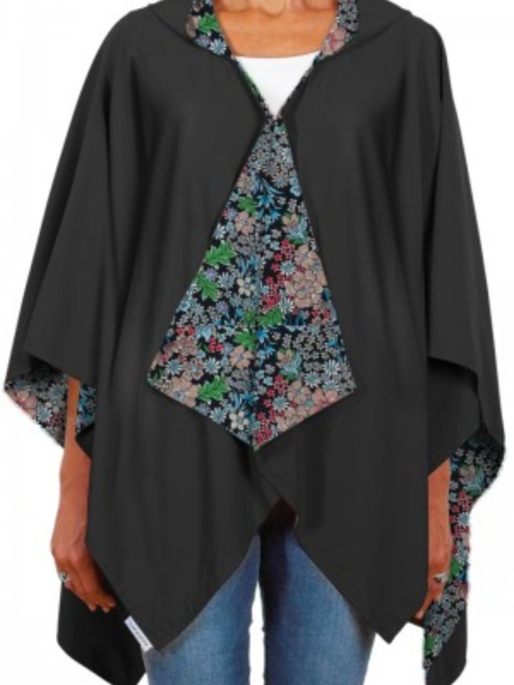 RAIN RAPS RAIN PONCHO REVERSIBLE BLACK FLORAL ONE SIZE